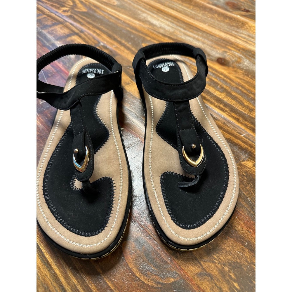 Socosands Womens Black Tan T-Strap Elastic Slingback Flat Sandals Size 40 or 9.5
